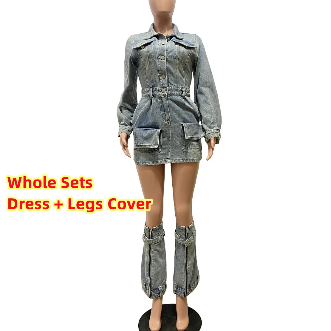 FAGADOER Fashion Button Long Sleeve Denim Mini Dress Women Turndown Collar Pocket with Leg Cover Clothing Female Cowboy Vestidos