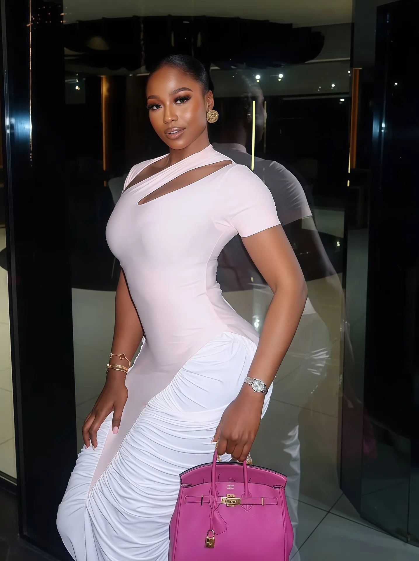 Women's Elegant Ruched Dress Asymmetric Cut Out Neckline Short Sleeve Long Dress Formal Wedding Guest & Evening Party Outfit