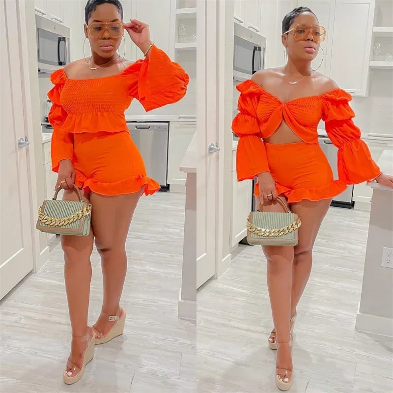 Chic Women Sweet Set Puff Sleeve Crop Tops and Shorts Outfits Solid Stretch Pleated Sexy Summer Girl 2 Two Piece Suit