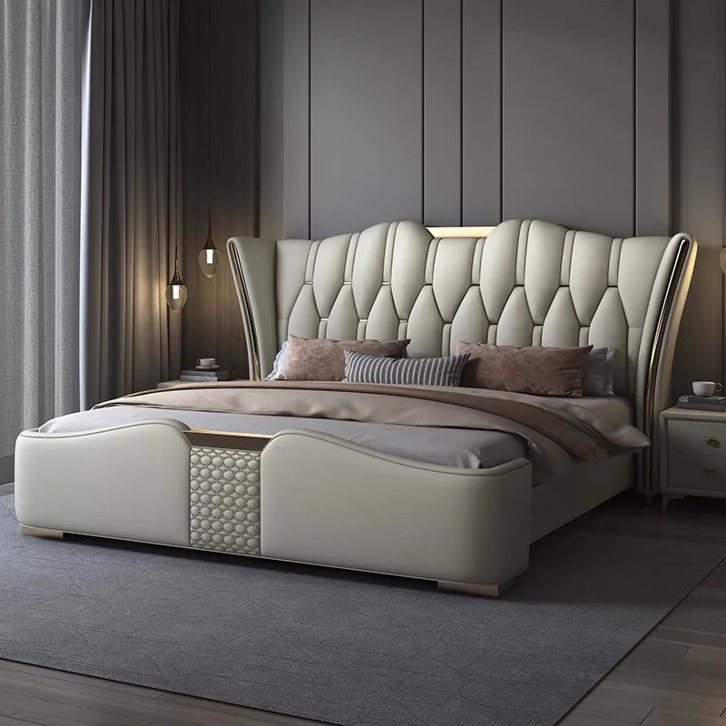 MINGDIBAO Luxuriöses, modernes Polsterbettgestell mit Goldakzenten, Designer-Bett aus echtem Leder, Schlafzimmermöbel in Queen-/King-Size