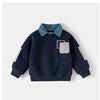 Spring Children Clothes Sweatshirt for Boys Denim Collar Fleece Pullover with Patch Pocket Casual Kids Top Long Sleeve T-shirt