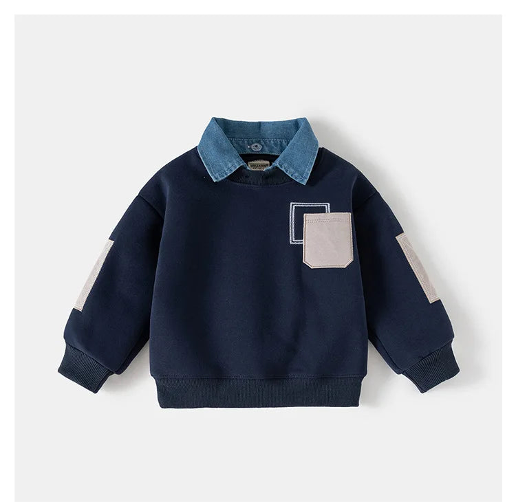 Spring Children Clothes Sweatshirt for Boys Denim Collar Fleece Pullover with Patch Pocket Casual Kids Top Long Sleeve T-shirt