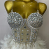 Stock 2025 Women Sexy Sparkly Rhinestone Mesh Feather Long Dress Elegant Evening Party Celebrate Birthday Performance Costume