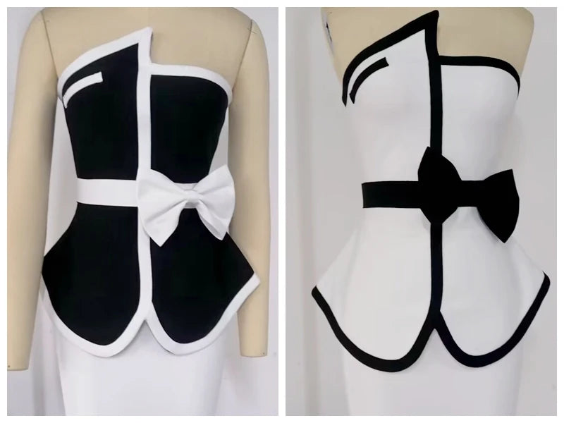 New Women Summer Patchwork Bandage  2 Two Piece  Strapless  Sleeveless Bow Top & Mini Skirt Club Party Holiday High Street Sets