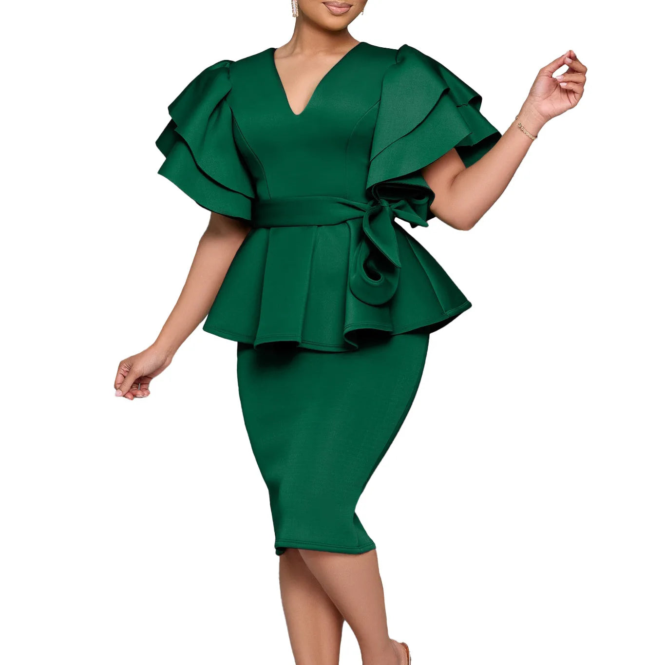 CM.YAYA Damen Kurzarm V-Ausschnitt Gürtel Hohe Taille Midikleid 2025 Sommer Afrika OL Business Abend Sexy Partykleider Vestidos