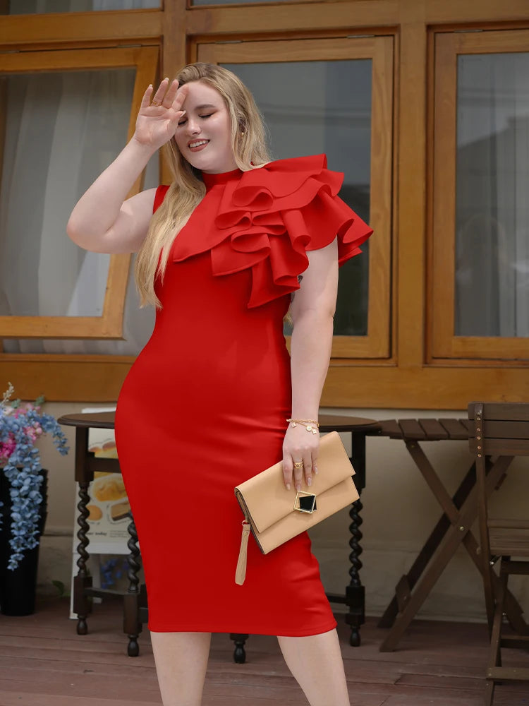 Summer Fashion Bodycon High Neck Sleeveless One Shoulder With Flower Ruffle Elegant Evening Dress