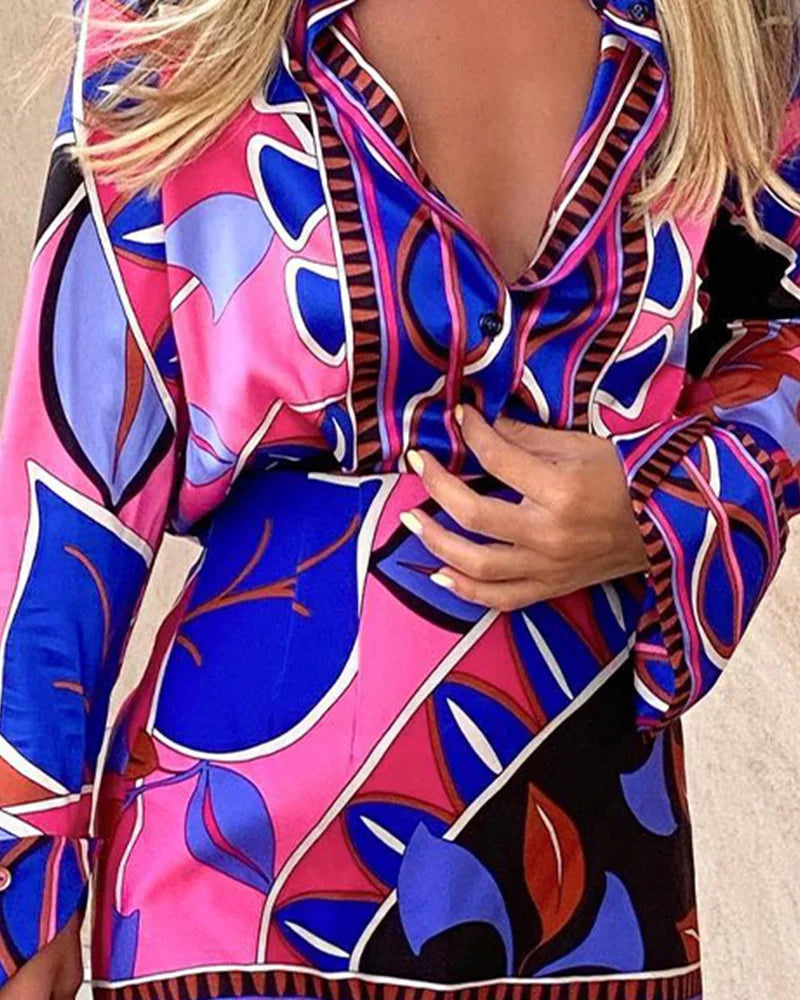 Two Piece Suit 2023 Autumn New Women Printed Long Sleeve Bag Hip Slim V-neck Sexy Fashion Elegant Casual Ladies Skirt Set MsChuh