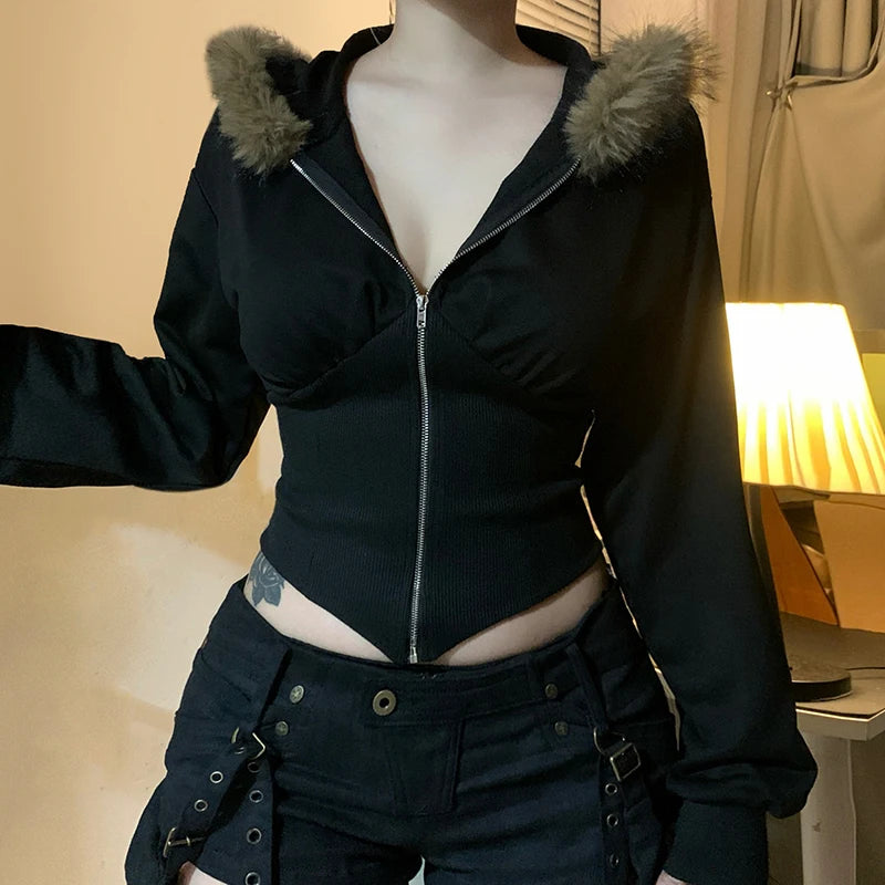 BIIKPIIK Pelzkragen Kapuzenmäntel für Damen Lässiger Reißverschluss Slim Hoodies Einfache All-match Schwarz Harajuku Mantel Herbst Winter Sweatshirts