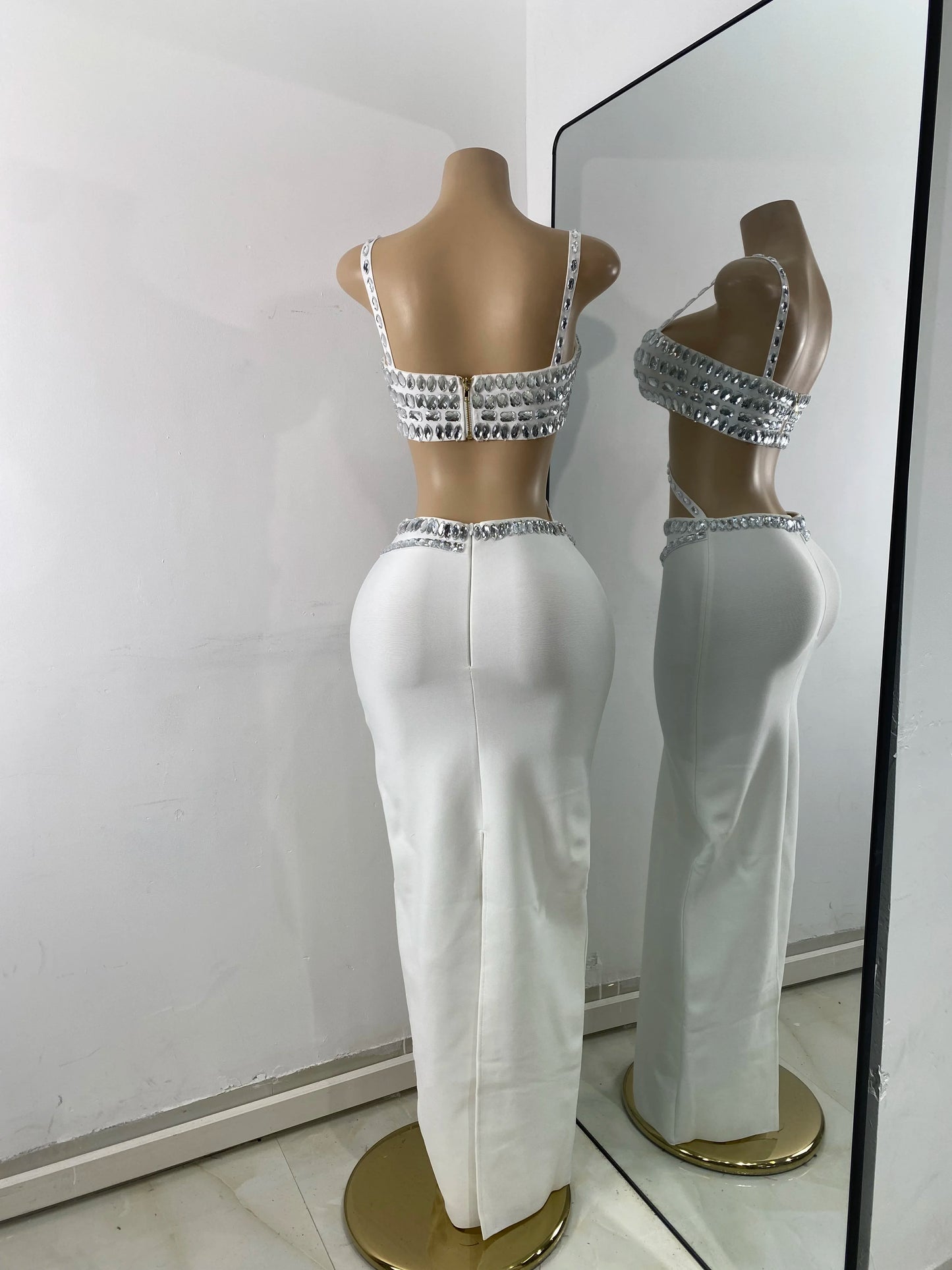 Luxus Kristall Diamanten Top Rock Zweiteiler Damen Bandage Sets Weiß Schwarz Gestrickt Celebrity Abend Geburtstag Party Outfit