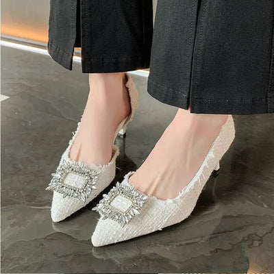 Weiße Design-Strasssteine Damen-Pumps Frühling Mode Spitzschuh Weibliche flache High Heels Elegante Damen-Arbeitskleiderschuhe