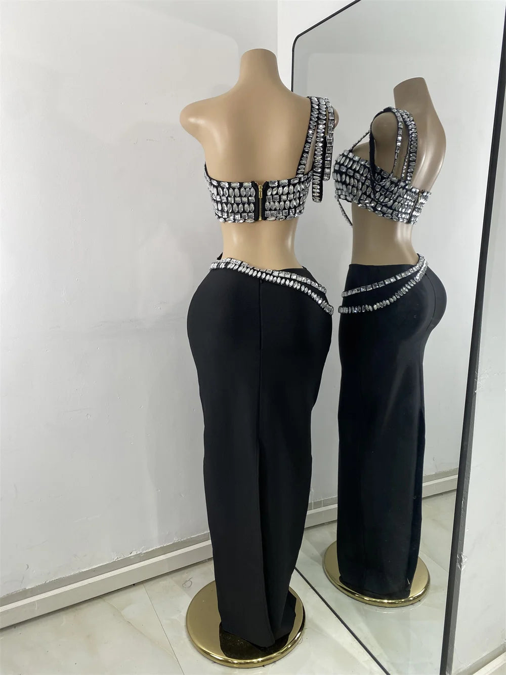 Luxus Kristall Diamanten Top Rock Zweiteiler Damen Bandage Sets Weiß Schwarz Gestrickt Celebrity Abend Geburtstag Party Outfit