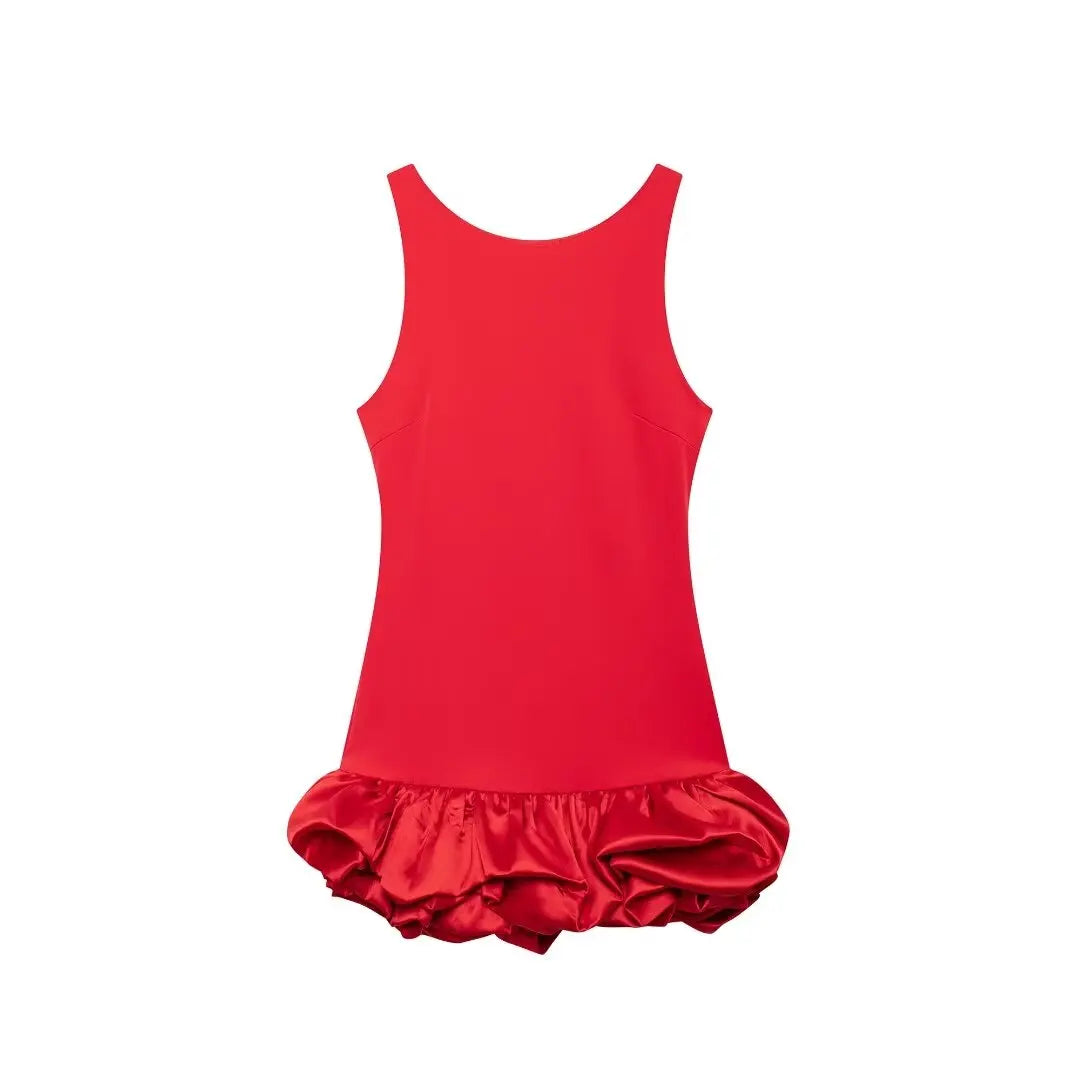 TRAFZA Sexy Solid White Flower Bud Tierred Red Mini Dress Safety Pants Women Dress New 2025 Spring Autumn Fashion Party Dress