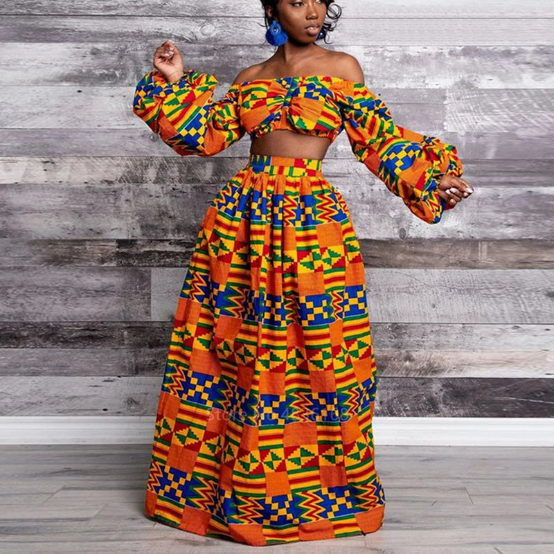 Afrikanische Kleider für Damen, Herbst, 2-teiliges Set, Damen, lange Ärmel, schulterfrei, mit Feder-Dashiki-Print, geteilte Röcke, afrikanische Kleidung