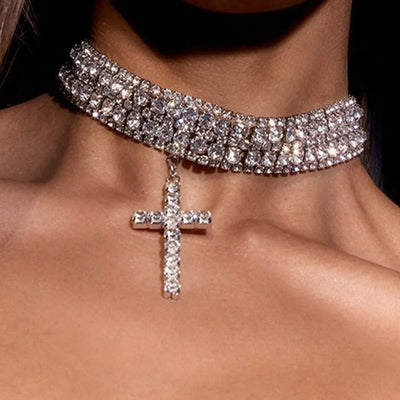 XSBODY Mehrschichtige Kreuzkette Chunky Y2k Mädchen Damen Strass Einteiliger Hochzeitsschmuck Halsketten Accessoires Geschenke