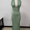 Sexy Neckholder Maxikleid mit tiefem V-Ausschnitt, Pailletten, Damen, Grün, Ärmellos, Rückenfrei, Pailletten, Schlankes langes Kleid, Celebrity Partykleider