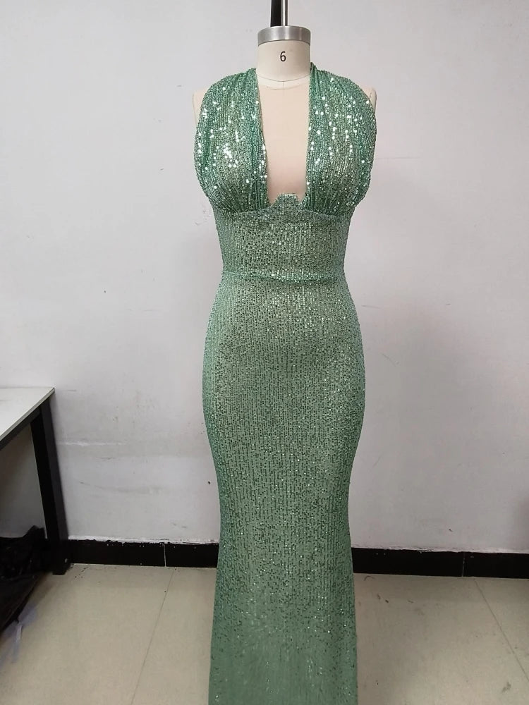 Sexy Neckholder Maxikleid mit tiefem V-Ausschnitt, Pailletten, Damen, Grün, Ärmellos, Rückenfrei, Pailletten, Schlankes langes Kleid, Celebrity Partykleider