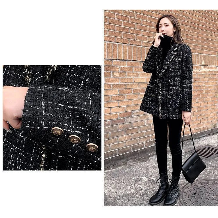 Tweed-Karo Anzugjacke Damen Oberbekleidung Lockerer Mittellanger Zweireihiger Freizeit-Wollblazer Top 2024 Frühling Herbst Neuer Schicker Anzug