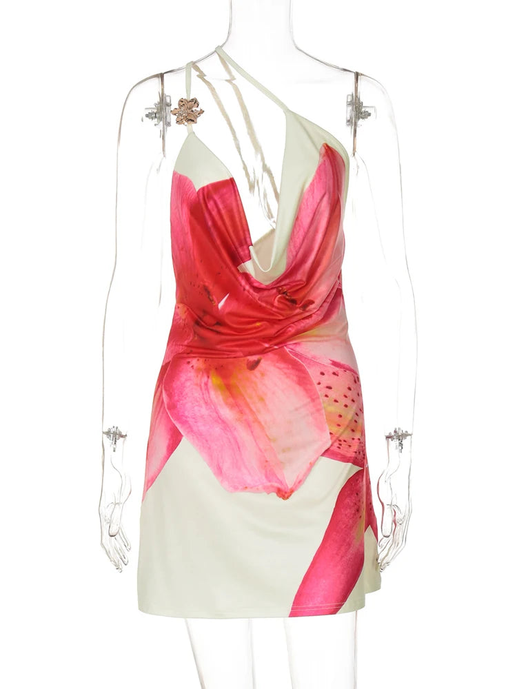 TARUXY Asymmetrisches, sexy bedrucktes Kleid, drapiert, Schwingkragen, Strandurlaub, Minikleid, elegant, ärmellos, Damen, hohe Taille