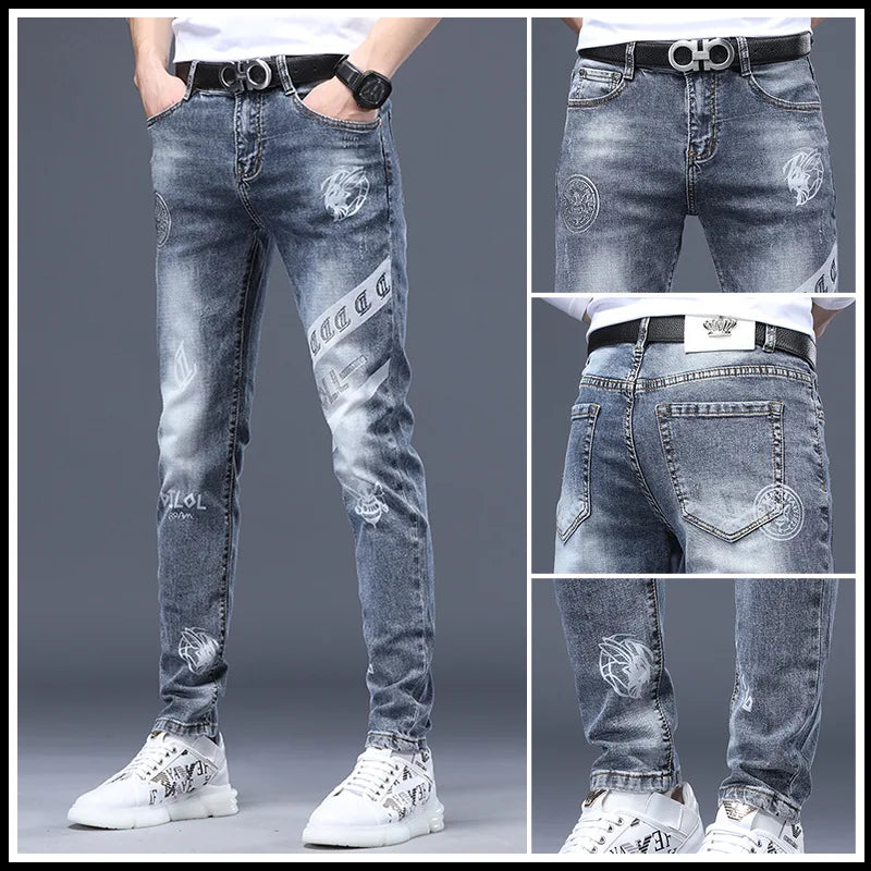 Fashion Printed Jeans Men's Korean Brand Embroidery Badge Pattern Youth Ripped Small Feet Teenagers Cowboy Pencil Pants