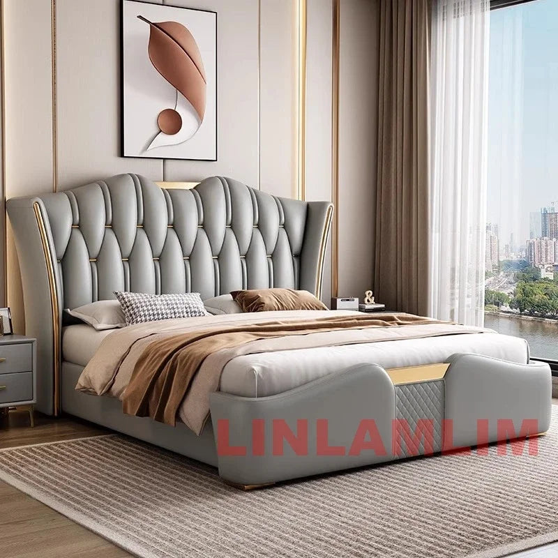 MINGDIBAO Luxuriöses, modernes Polsterbettgestell mit Goldakzenten, Designer-Bett aus echtem Leder, Schlafzimmermöbel in Queen-/King-Size