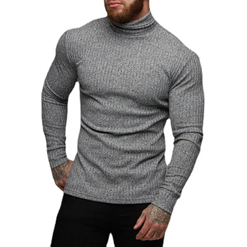 Spring Autumn Classic Black Ribbed Knit Roll Neck Jumper Mens New Fashion Slim Fit Thin Turtleneck Pullover Knitwear Sweaters