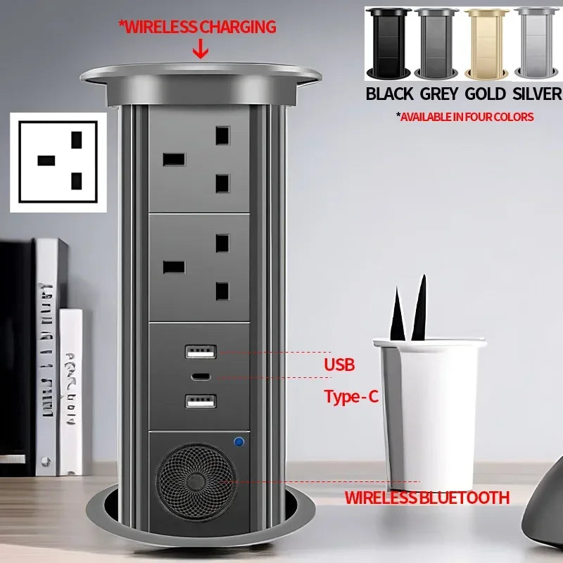 Motorized Lifting Pop Up Tower Power Outlet Hidden Mounted Kitchen Worktop USB Type C Socket with Speaker Wireless Charging