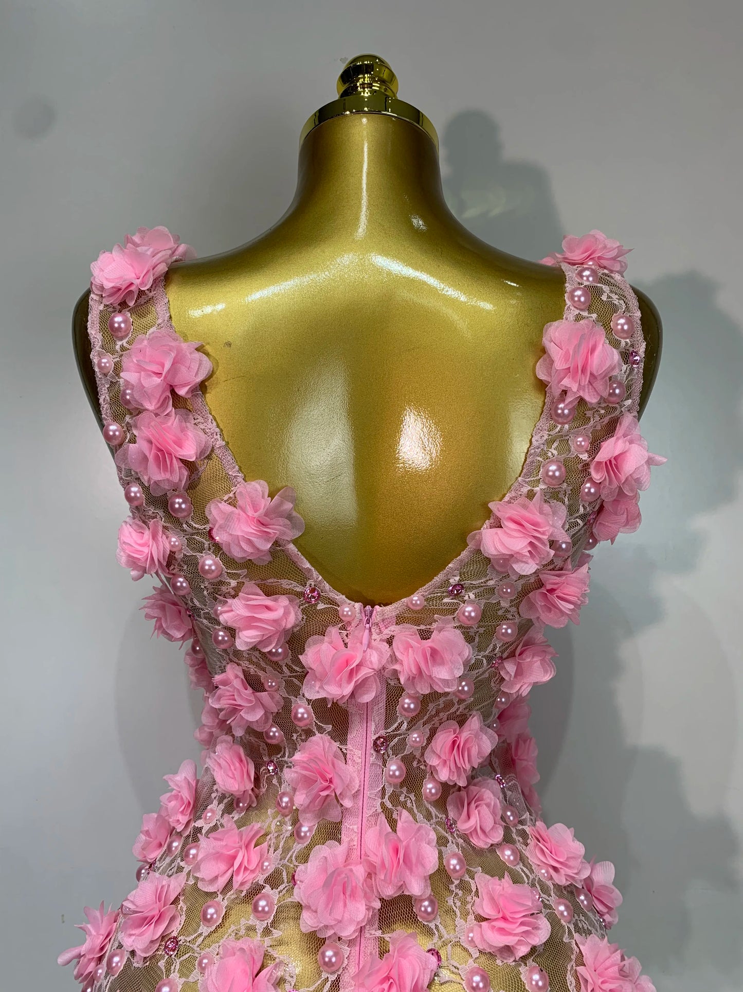 Women Luxury Pink Flowers Pearls Lace See Through Bodycon Mini Dress Birthday Photoshoot Evening Party Nightclub Stage Costume