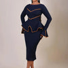 Elegantes Damen-Bürokleid, Rundhals, Rüschenkante, Langarm, Formelles Business, Farbblock, A-Linien-Berufskleidung, Neuer Stil