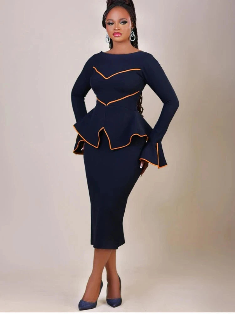 Elegantes Damen-Bürokleid, Rundhals, Rüschenkante, Langarm, Formelles Business, Farbblock, A-Linien-Berufskleidung, Neuer Stil