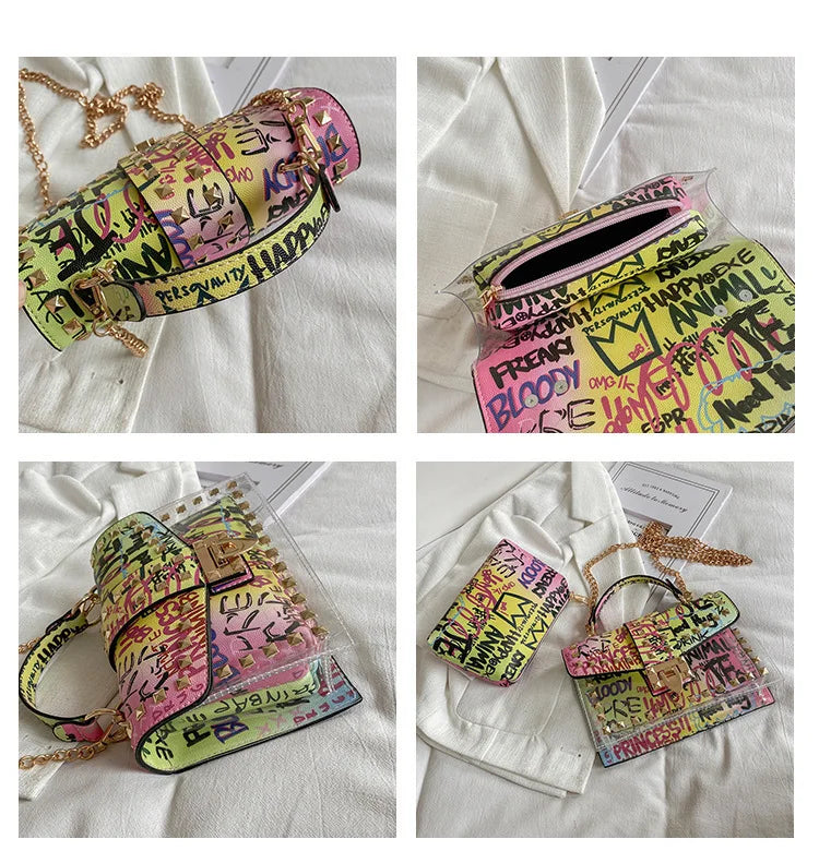 Marke Frauen Nieten Graffiti Umhängetaschen Mode Schultertasche für Damen Weibliche Luxus Designer Handtaschen 2023 Hohe Qualität