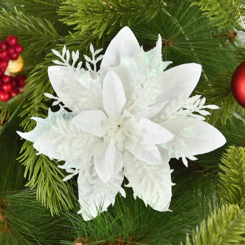 3/10Stück 14cm Weihnachtsblumen Glitzer Rot Gold Blütenkopf Weihnachtsbaumschmuck Neujahrsdekorationen für Zuhause Navidad Noel Geschenke