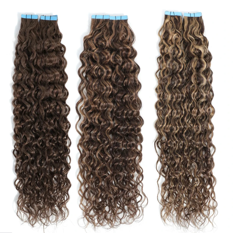 Tape In Hair Extensions Water Wave Real Human Hair 2# Dark Brown Natural Cural Tape On Hair Ectensions Skin Weft Hairpiece 2G/Pc