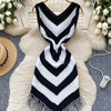 Joskaa 2025 Women's Striped Patchwork Knitted V-Neck Sleeveless Bodycon Asymmetric Fringe Hem Dress Holiday Beach Streetwear