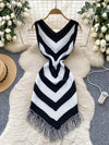 Joskaa 2025 Women's Striped Patchwork Knitted V-Neck Sleeveless Bodycon Asymmetric Fringe Hem Dress Holiday Beach Streetwear