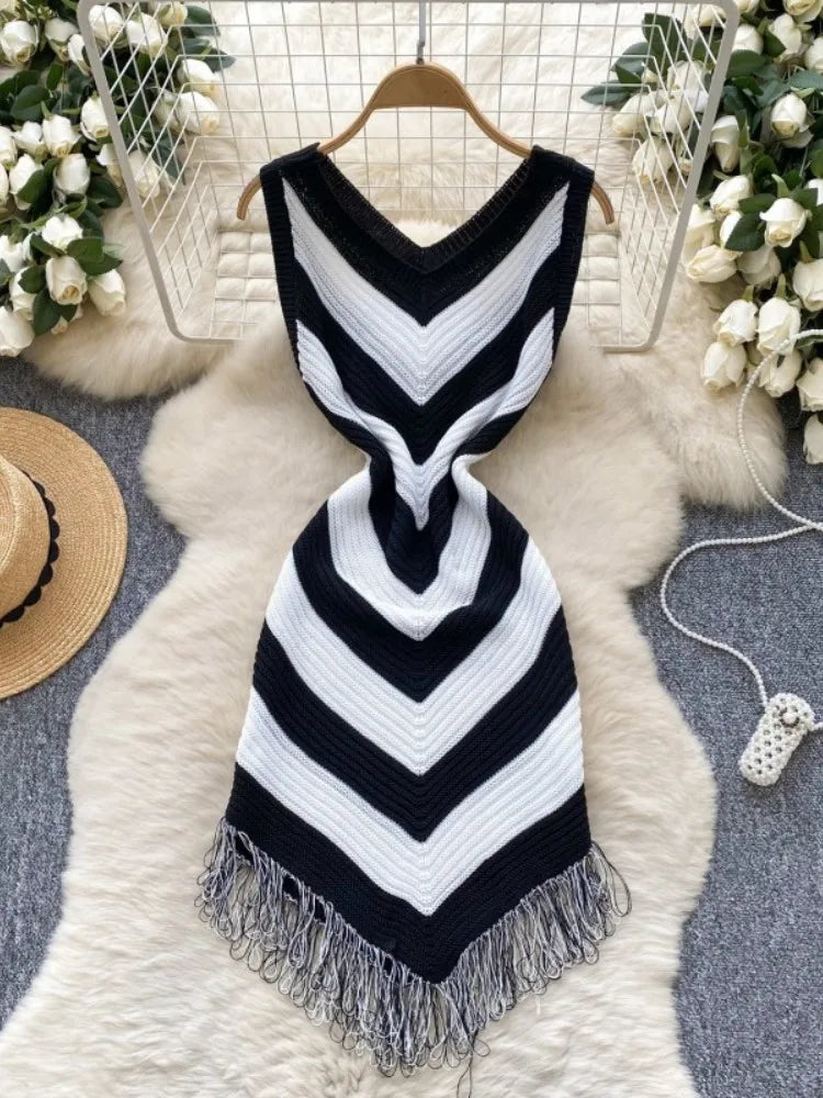 Joskaa 2025 Women's Striped Patchwork Knitted V-Neck Sleeveless Bodycon Asymmetric Fringe Hem Dress Holiday Beach Streetwear