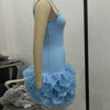 Znaiml Women Blue Stretchy Mini Dresses With Pearls Ruffles Trimmed Bottom Sexy Sheath Short Guest Birthday Party Wedding Gowns