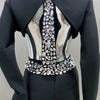 2024 New Arrival Black White Women Long Sleeve Sexy V-Neck Bodycon Bandage Set Shinning Crystal Nightclub Party Women's Set