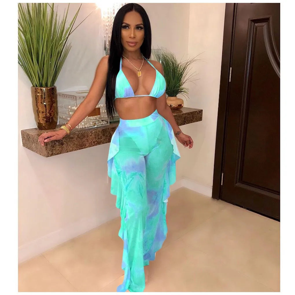 Bra+tassel Pants Suit  2 Piece Set Women Hot Pink Swimsuit Mesh Bathing Suit Sexy Matching Swimwear Viquinis Mujer 2022