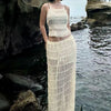 Weird Puss Mesh Backless 2 Piece Set Women Halter Lace-Up See Through Crop Tops+Loose Elegant Long Skirts Vacation Trend Outfits