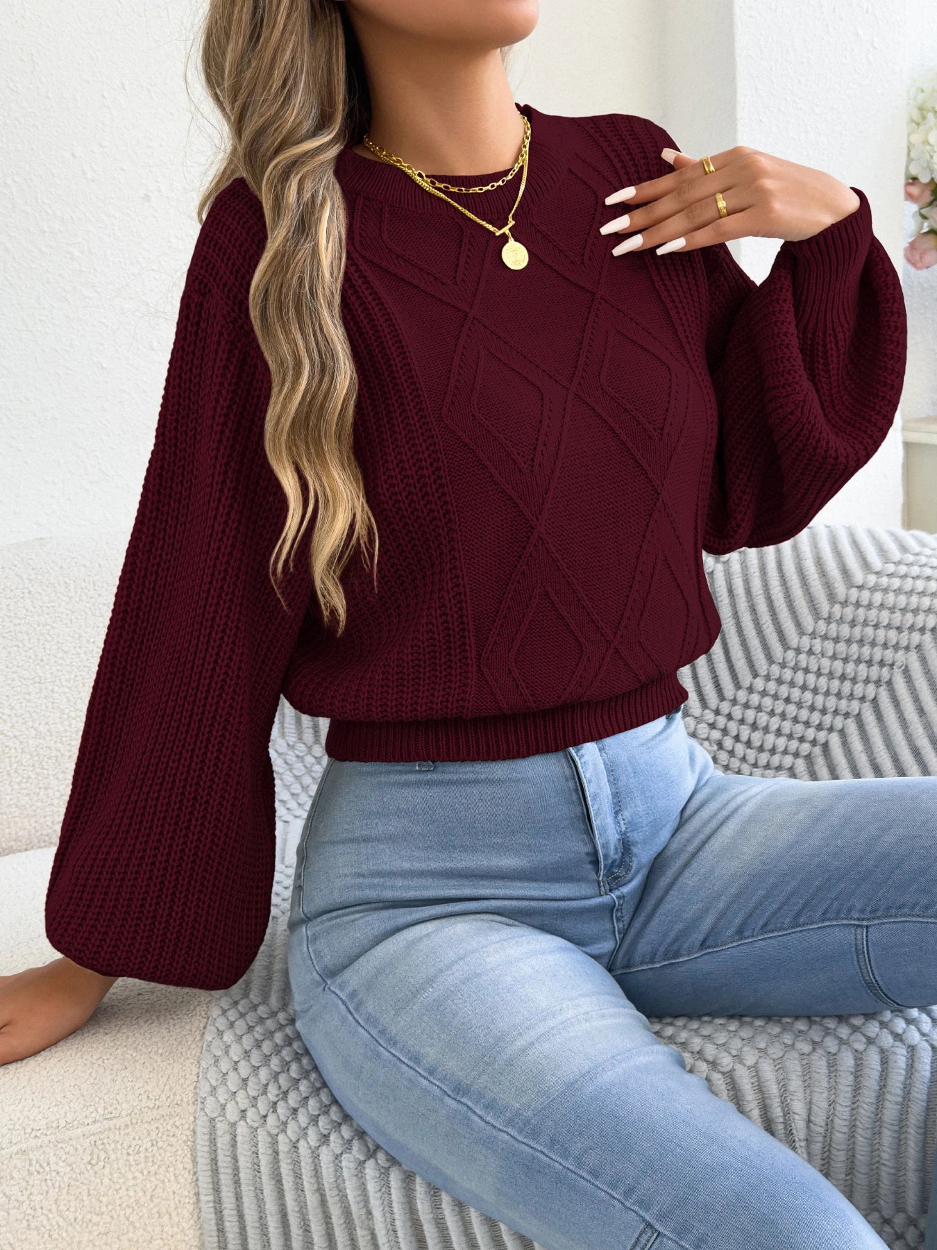 Women's Solid Color Round Neck Lantern Long Sleeve Knitted Sweaters for 2026 Autumn Winter Woman Clothes Yellow Red Khaki Tops