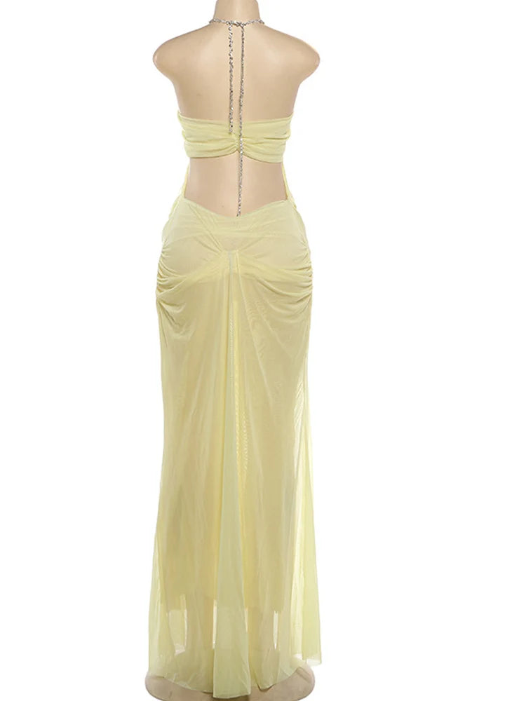 Beyprern Sexy Rhinestone Chain Halter Backless Maxi Dress Women 2026 Summer Cut Out Ruched Club Vestidos Bodycon Long Dresses