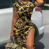 Trendy Printed Slim Midi Dresses Women Fashion Package Hip Bodycon Short Sleeves Drawstring Slit Dress Casual Ladies Streetwear