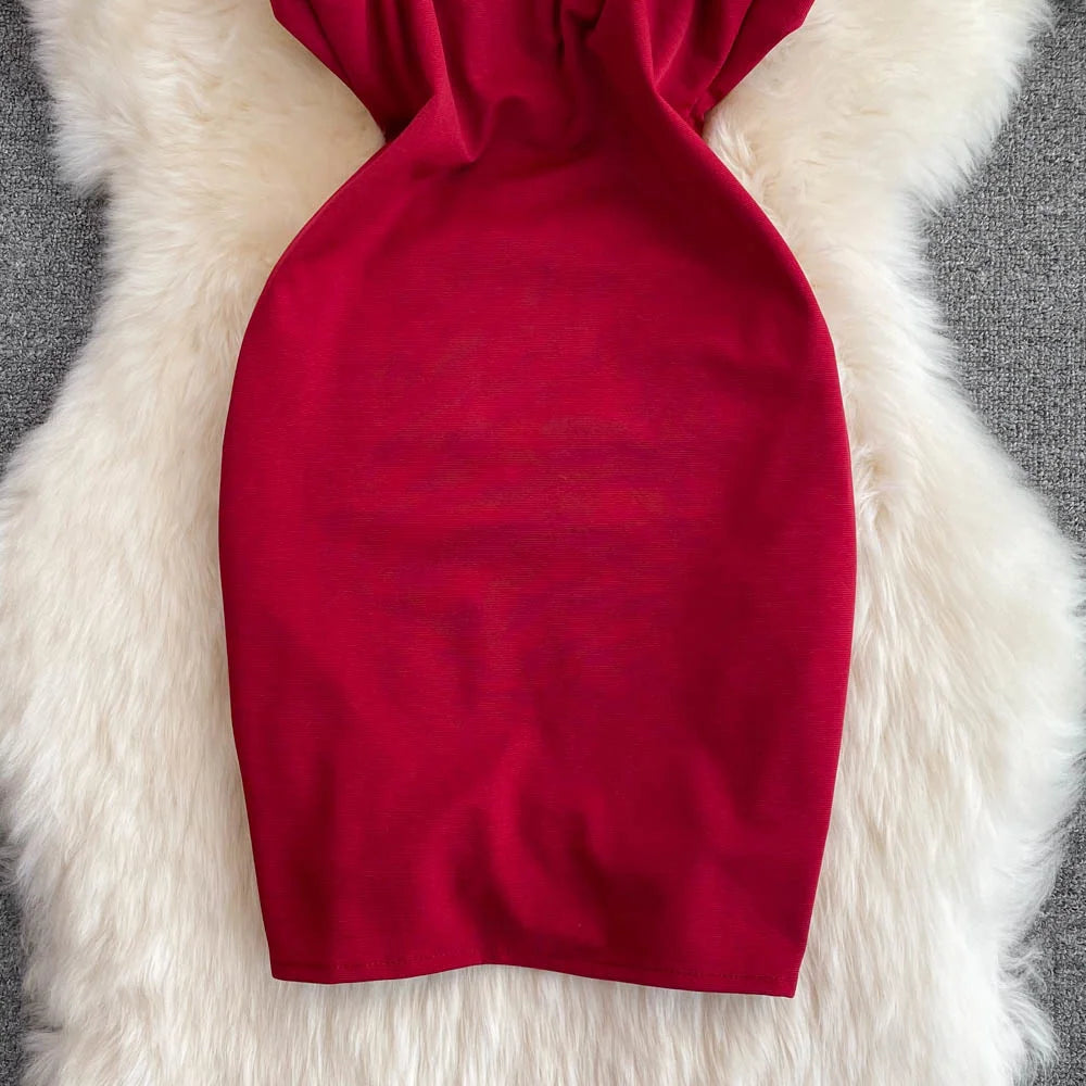 Fashion Bodycon Sexy V-neck Low Cut Mini Short Work Dress Women Backless Irregular Sleeveless Short Hip Wrap Vest Dress OL Red