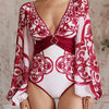 Flaxmaker Long Sleeves Majolica Series Pattern Print One Piece Swimsuit Biquini Beachwear Women Sexy Bikini Sets Swimsuit