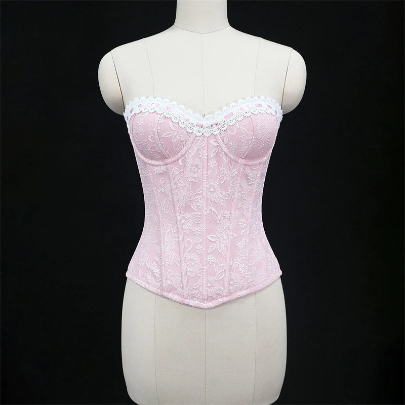 Sexy Women Pink Overbust Corset Crop Top Sweet Lace Patchwork Slim Fit Strapless Bustier Chic Party Summer Clothes Streetwear