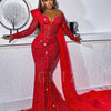 Sparkling Red Long Prom Dreses Mermaid Beaded Lace With Shawl Evening Gown Birthday Wedding Party Gala Dresses Customized