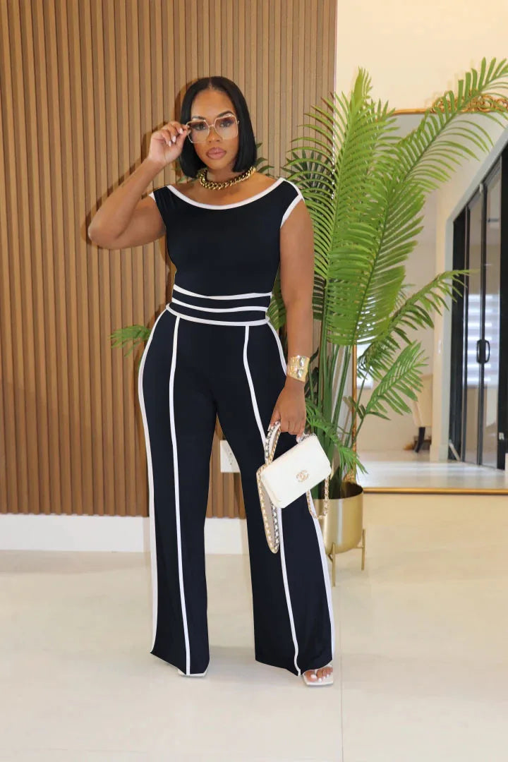Casual Women's Solid Color Set with Diagonal Shoulders and Wide Legs, Two Piece Set, Summer 2025