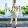 Damen Minikleider Sommer Mode Damenkleider Bedruckte Chiffonkleider mit Blumenmuster, gerafft, plissiert, kurze Puffärmel, Freizeitkleid