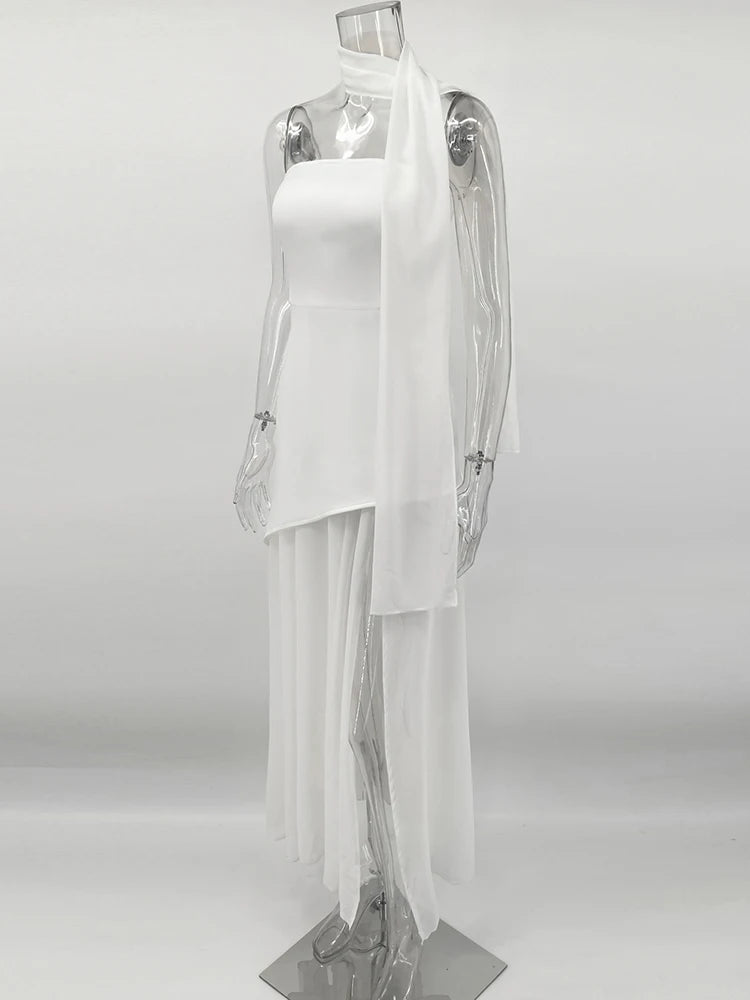 TARUXY Mode Trägerloses Kleid mit Band Frauen Elegantes Ärmelloses Mesh Strand Urlaub Langes Kleid Frühling 2025 Neues Damenkleid