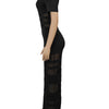 Beyprern Women's See-Through Striped Sheer Polo Maxi Dress Sexy Turn-Down Collars Caged Party Dresses Night Out Vestido Clubwear